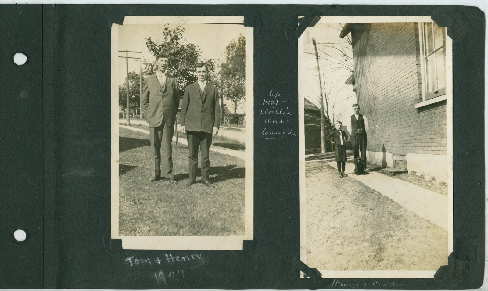 Album page showing two snapshots: Tom Whitfield on a visit from Cavan, Ireland to see his brother Henry, Canada, 1927 and Henry’s son John Cowden Whitfield in 1921.