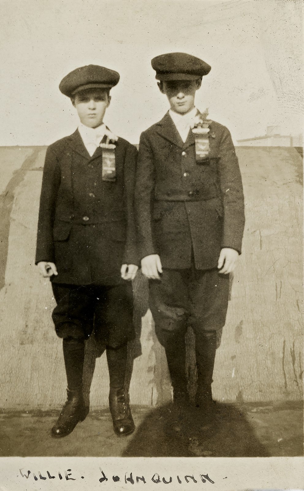 Alice’s father Willy McDermott, left, with his cousin John Quinn, wearing their Confirmation badges, Upper West Side, New York City, c. 1916.