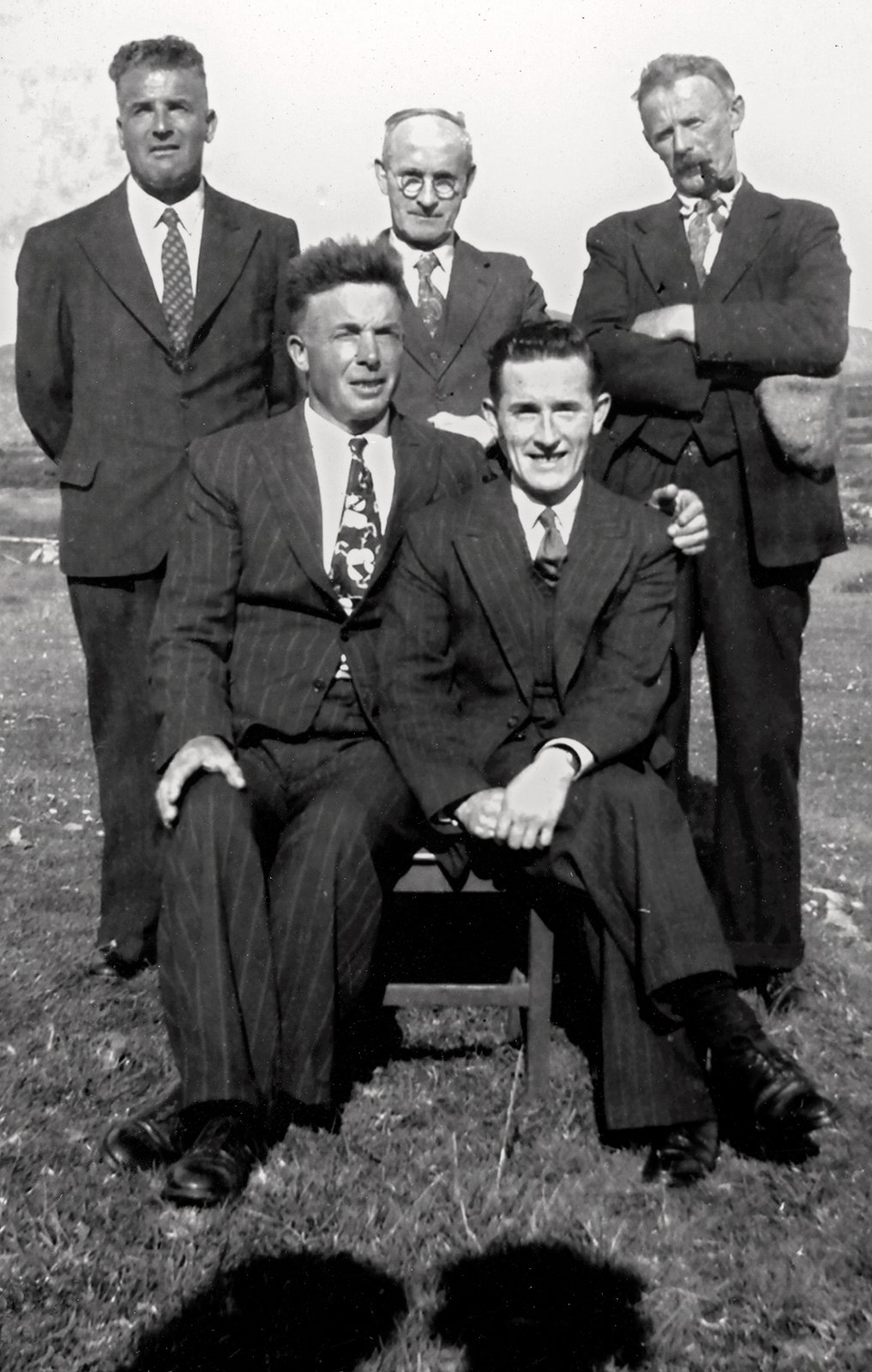 Mike Dwyer’s maternal uncles, Gerry O’Driscoll and Paddy O’Driscoll, with three friends, visiting from Skibbereen. Taken outside the O’Driscoll’s house in Eyeries, Beara, County Cork, late 1950s. 