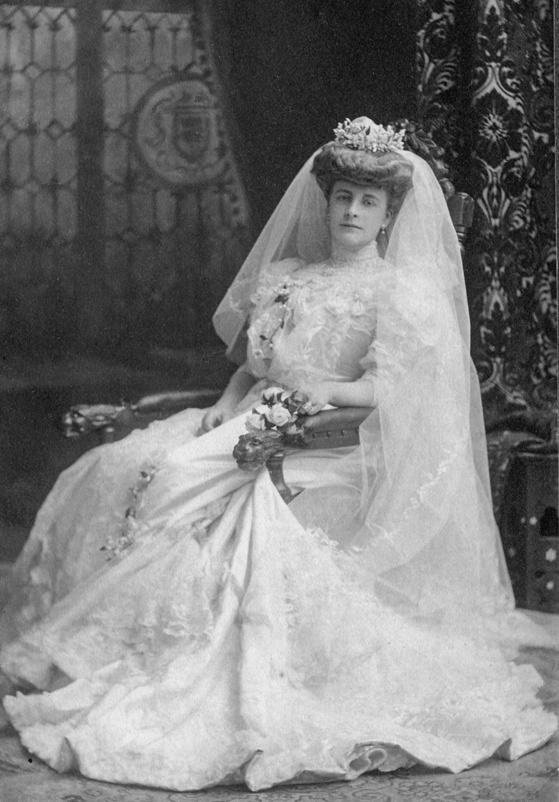 Florence Meerwald (1860-1956) photographed in her wedding dress in 1876. She married Major Robert John D.S.O. Baker.
