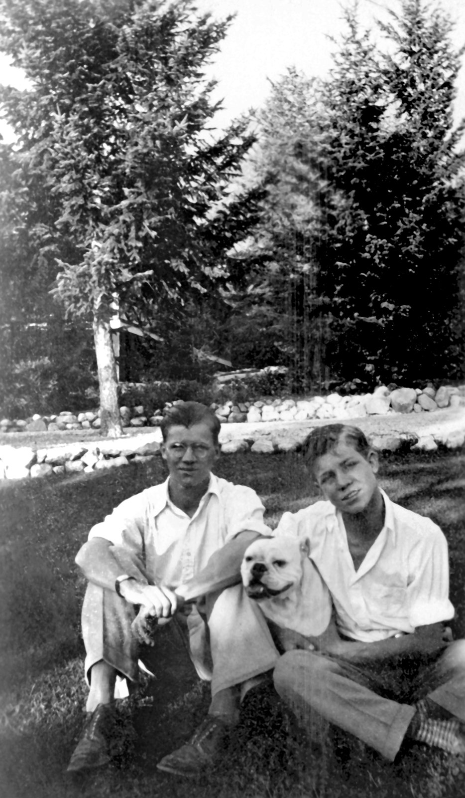Dad (left) and Jack with the family bulldog, probably in Kimberley, B.C., c. 1938