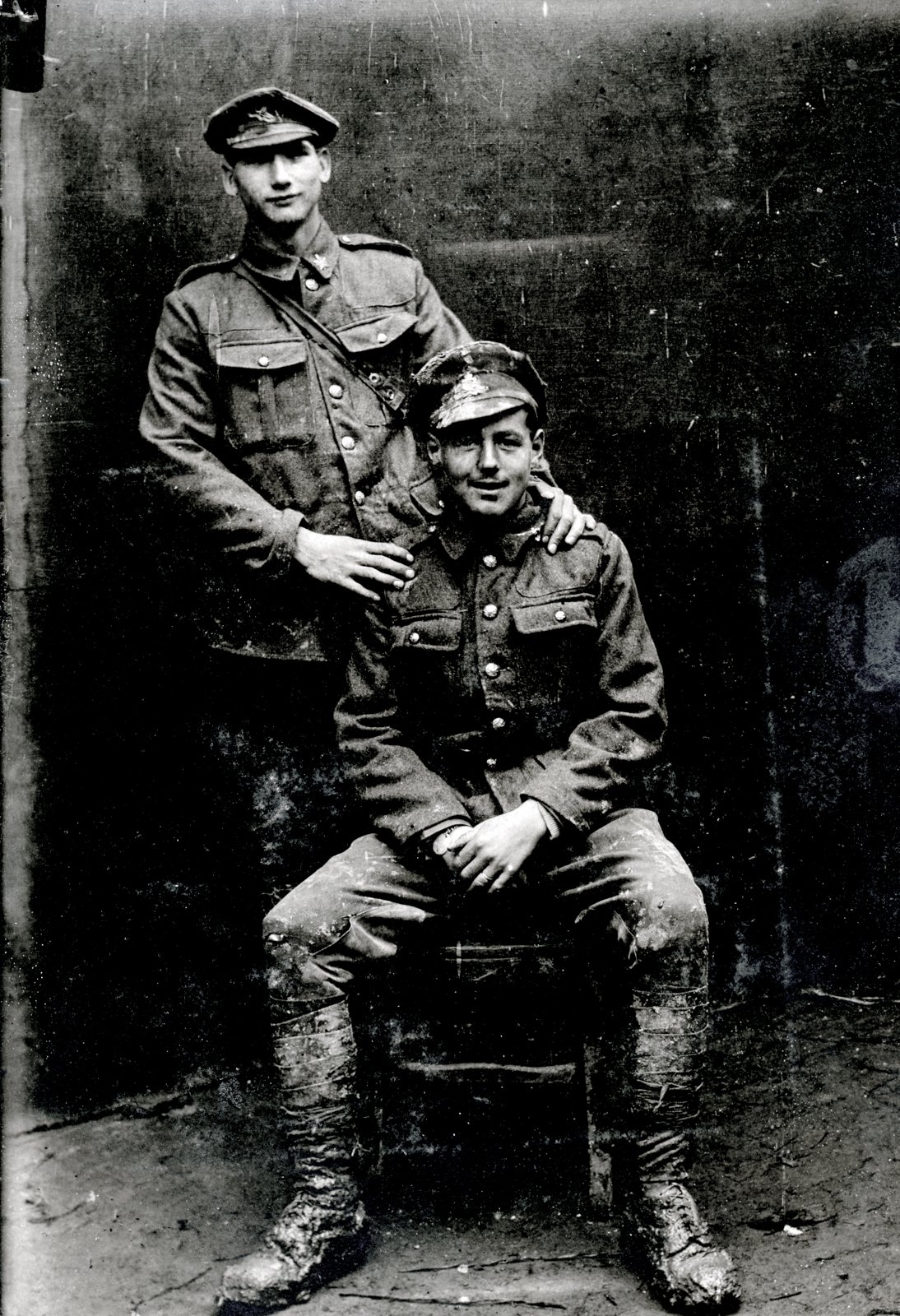 Bill Maguire Junior and fellow soldier in military uniform, pictured near the front, First World War.