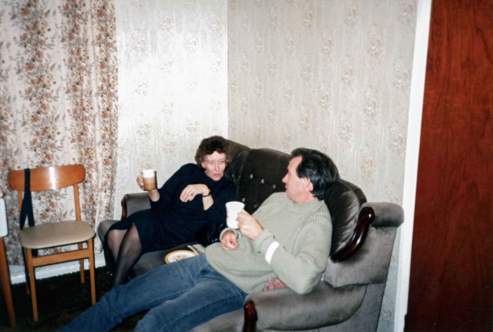 Michael having a cup of tea with his late sister Mary, 1988.