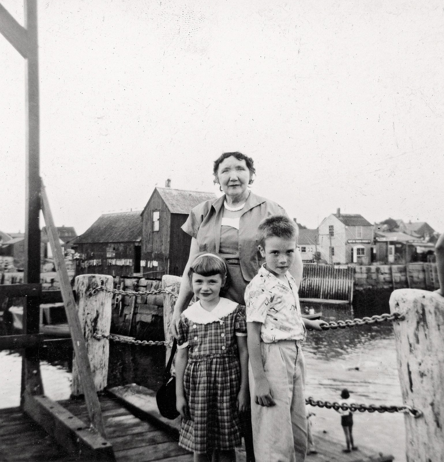 Moira (9) and brother Brendan (11) Kennedy in Rockport, Massachusetts, with Winnie Delaney, a cousin of their grandmother, Maggie Bergin Driscoll, who was originally from County Offaly. Winnie, from Jersey City, New Jersey was enjoying a scenic tour of the area, c. 1954.