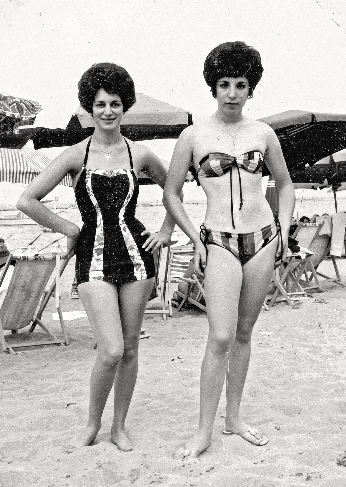 Lila Shaper and Anne Mitofsky pictured on the beach. Anne and Lila were best friends. This photograph is from a vacation in Italy, early 1960s.