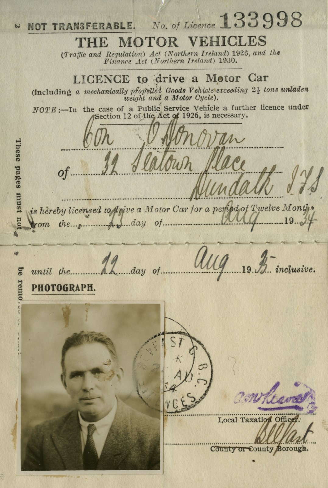 Con O’Donovan – NI Driving Licence image. The licence was issued 23 August 1934.
