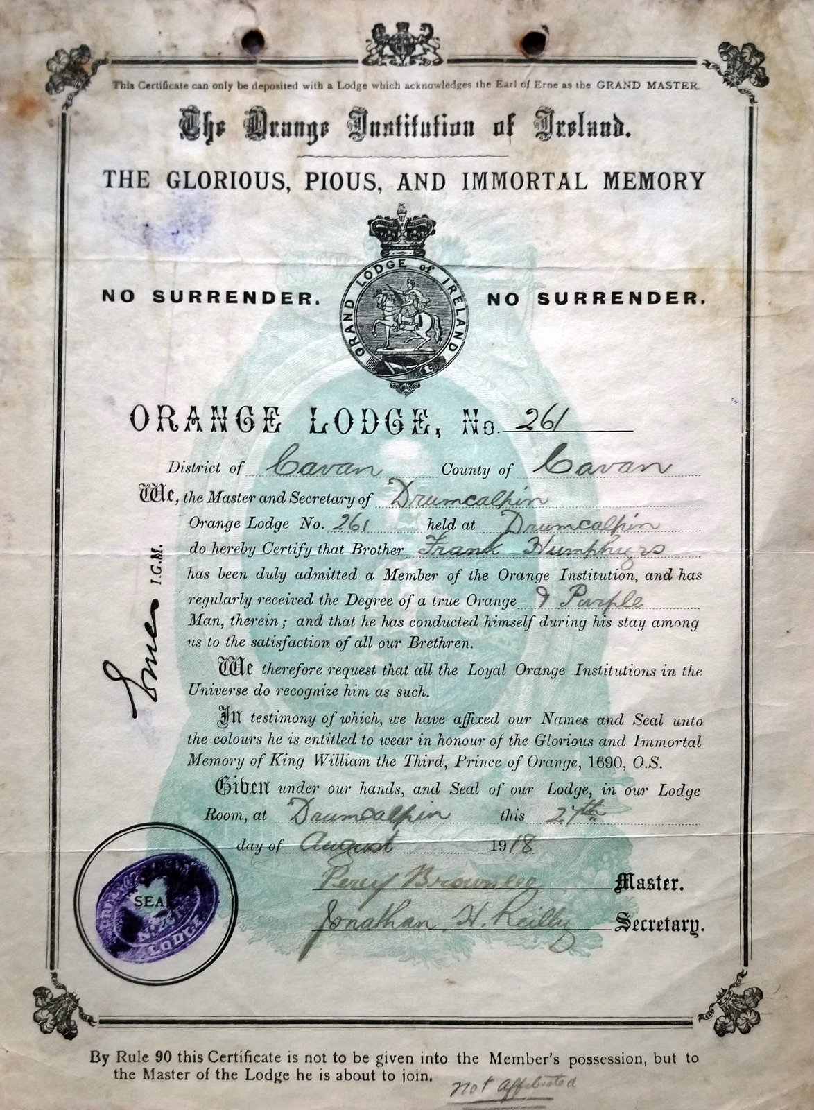 Original Orange Lodge Transfer Certificate from a Lodge in County Cavan, Ireland dated 24 August 1918