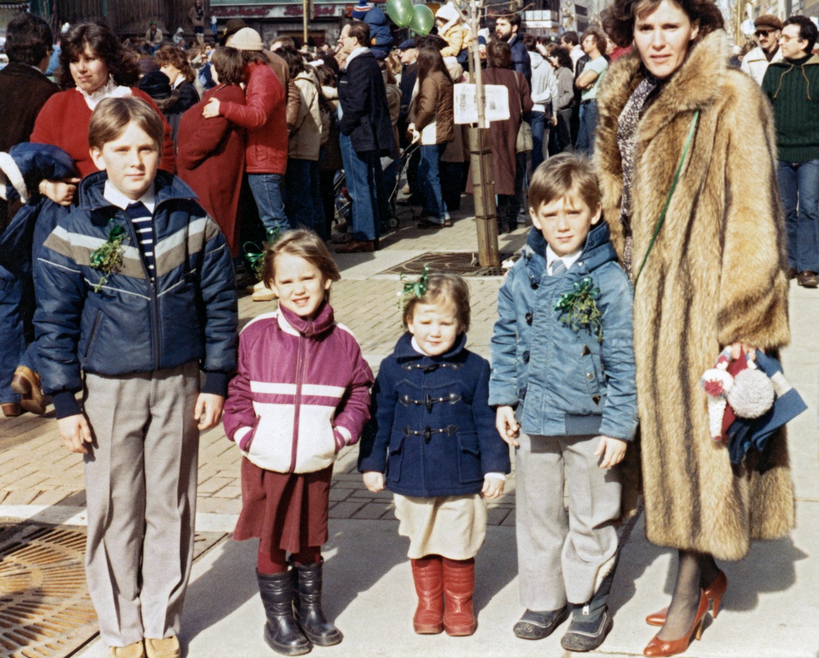 Patrick, Kathleen, Brigid, Kevin, and Margaret Shea attending the St. Patrick’s Day Parade on St. Catherine Street, Montreal, 1983.